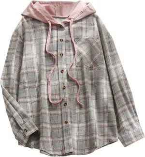 Womens Hooded Long Sleeve Flannel Plaid Shirts Lapel Button Down Shacket Jacket Coats 2023 Fall Fashion Coats