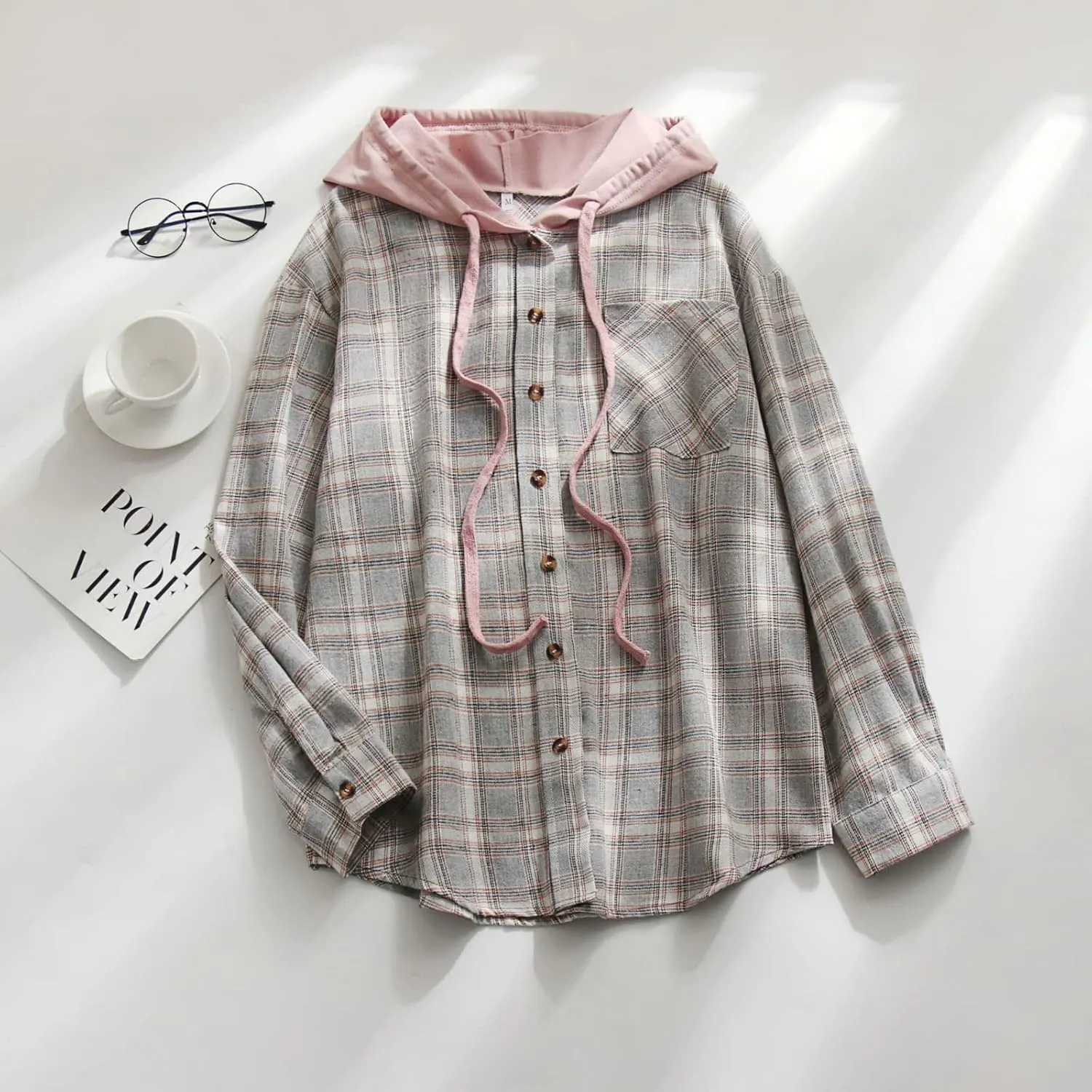 Womens Hooded Long Sleeve Flannel Plaid Shirts Lapel Button Down Shacket Jacket Coats 2023 Fall Fashion Coats