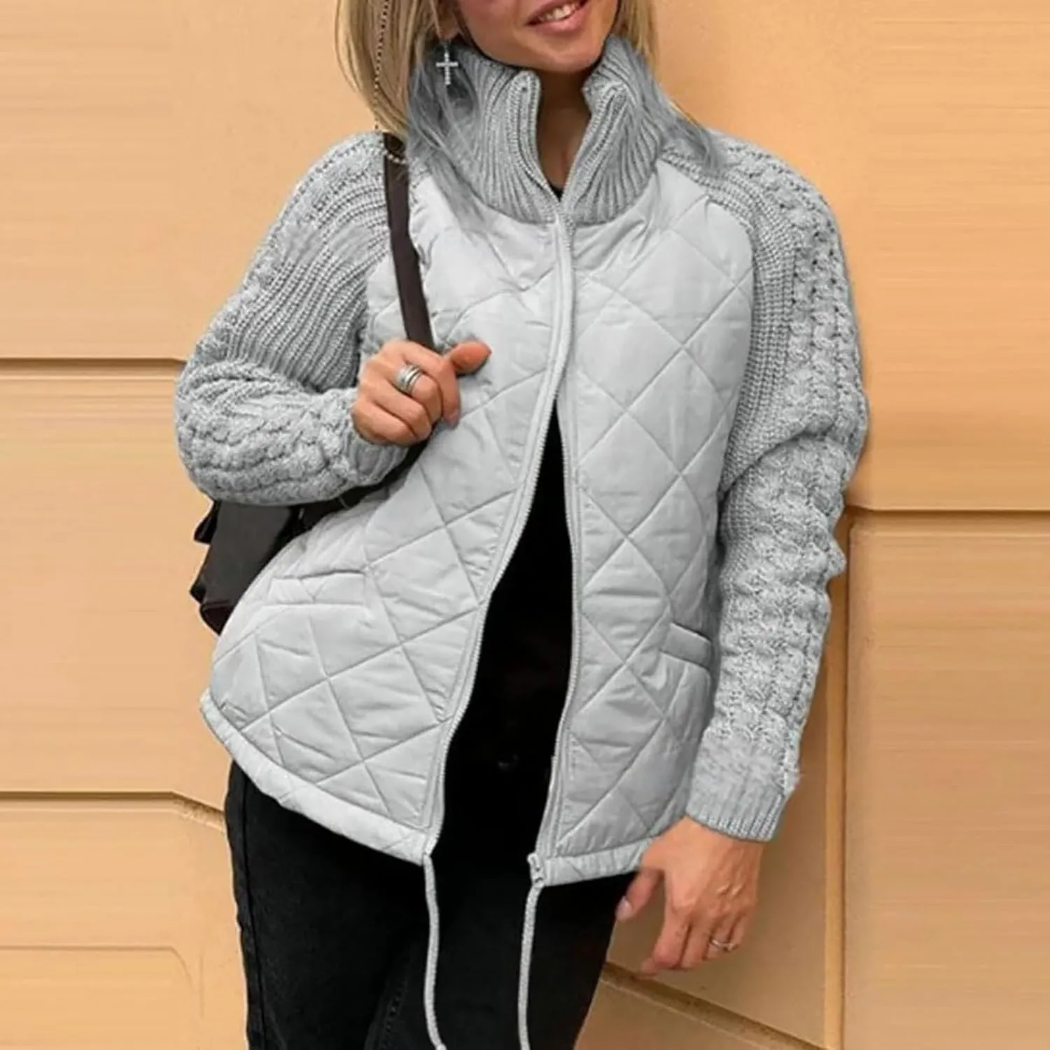 Women's Knit Patchwork Puffy Jacket Patchwork Jackets for Women 2024 Cozy Fall/Winter Outerwear Ski Apparel