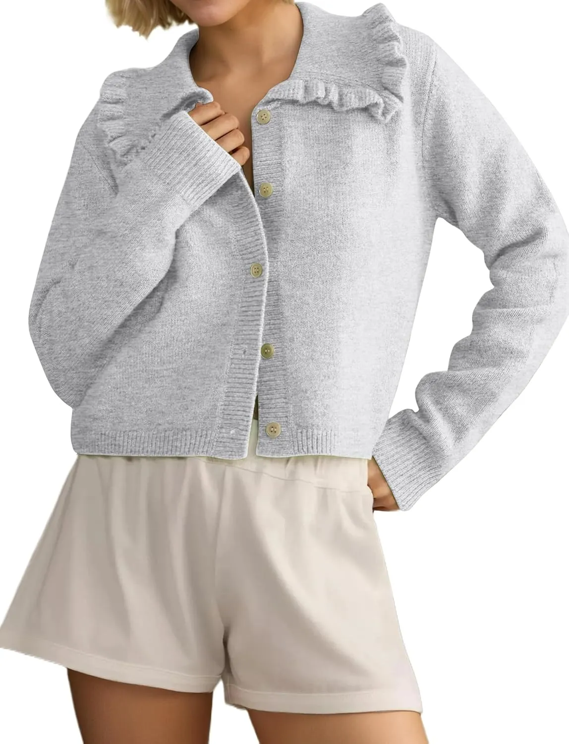 Women's Lapel Knitted Long Sleeve Cropped Cardigan Button Ruffle Collar Sweaters Trendy Fall Winter Outwear Coats