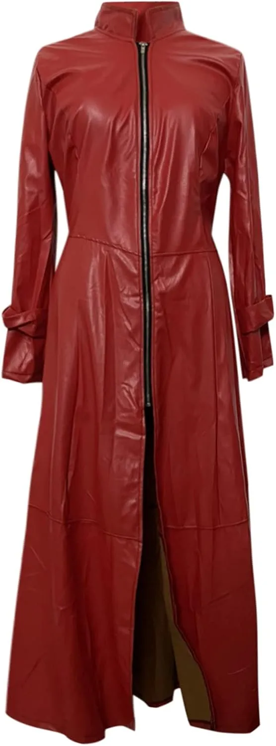 Womens Leather Long Sleeve Jacket Dress Lapel Full Zipper Faux Leather Long Jacket Coats Fashion Trench Coat Outwear