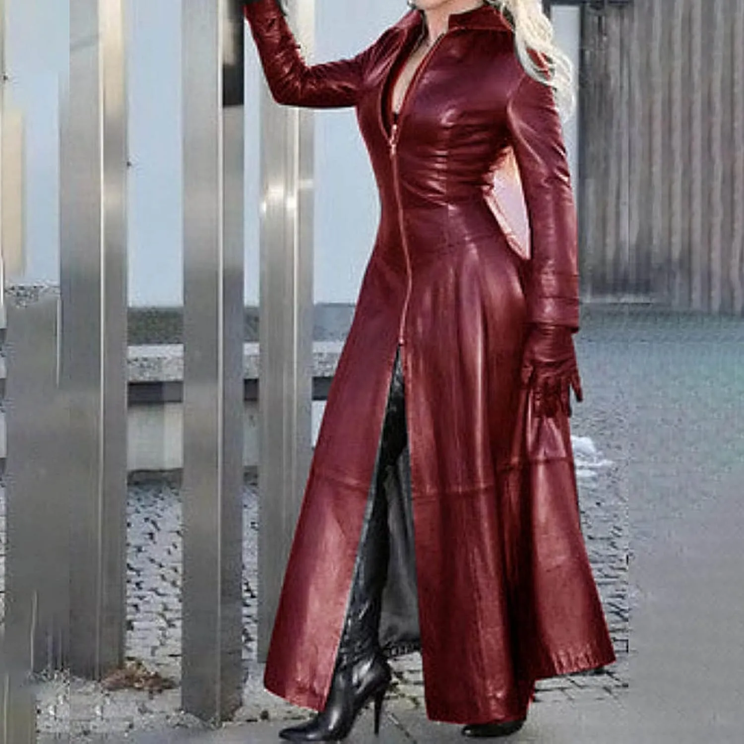 Womens Leather Long Sleeve Jacket Dress Lapel Full Zipper Faux Leather Long Jacket Coats Fashion Trench Coat Outwear