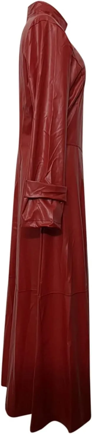 Womens Leather Long Sleeve Jacket Dress Lapel Full Zipper Faux Leather Long Jacket Coats Fashion Trench Coat Outwear