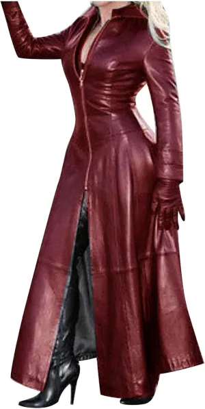 Womens Leather Long Sleeve Jacket Dress Lapel Full Zipper Faux Leather Long Jacket Coats Fashion Trench Coat Outwear