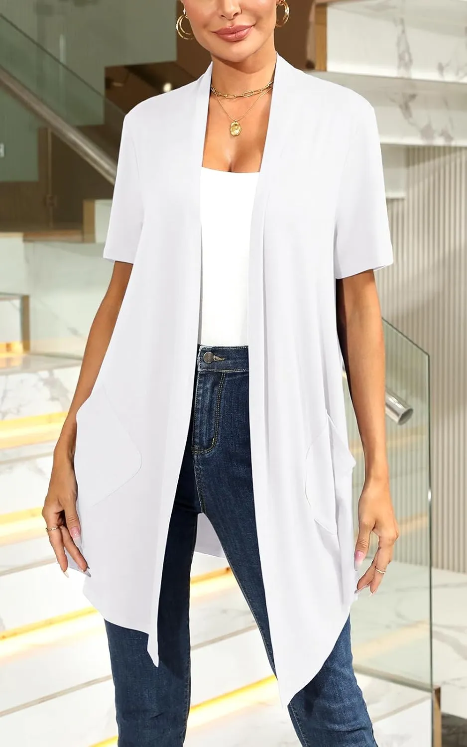 Womens Lightweight Summer Cardigan Casual Drape Soft Open Front Short Sleeve Cardigans with Pockets High Low Hem