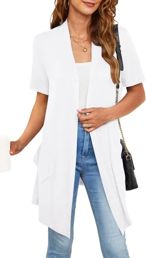 Womens Lightweight Summer Cardigan Casual Drape Soft Open Front Short Sleeve Cardigans with Pockets High Low Hem