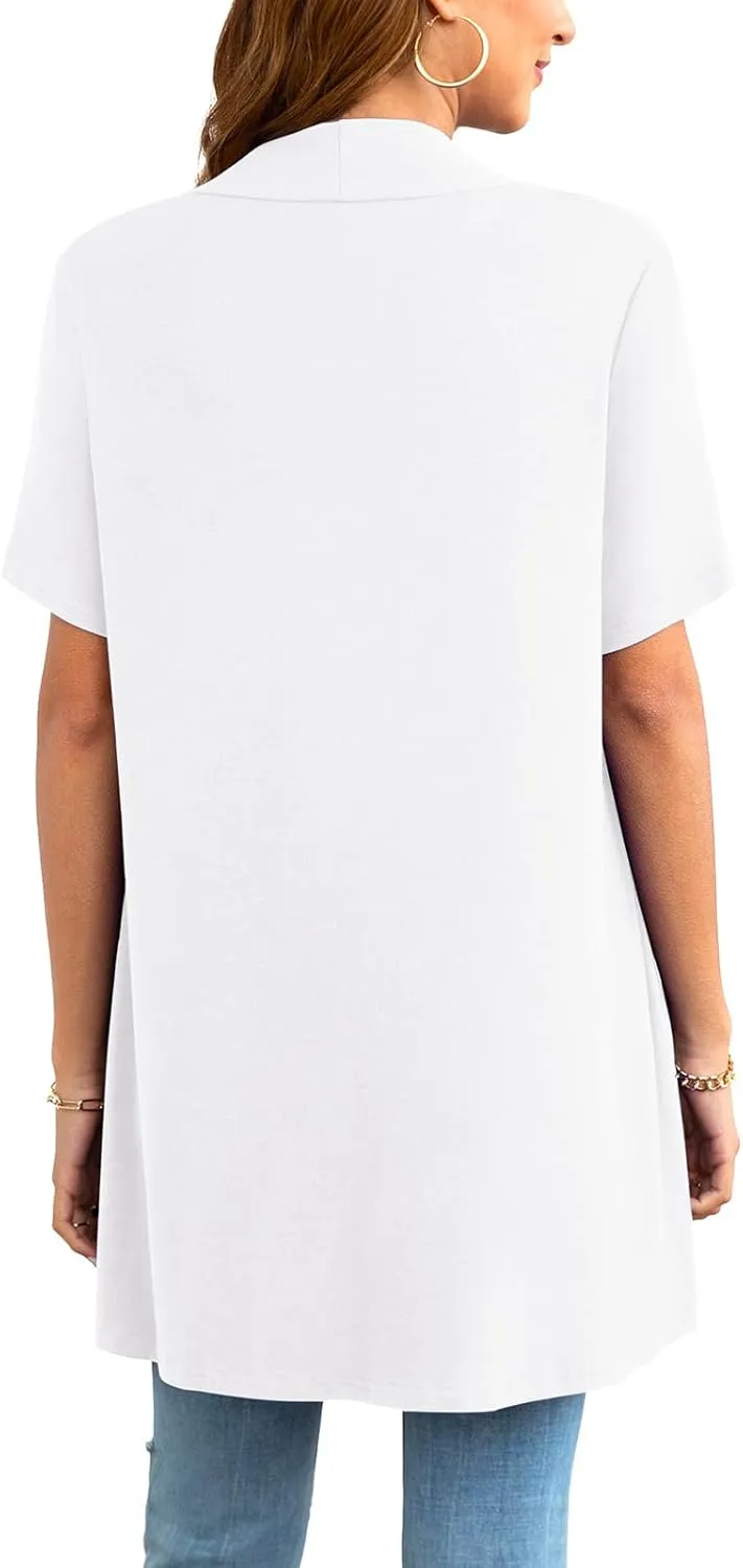 Womens Lightweight Summer Cardigan Casual Drape Soft Open Front Short Sleeve Cardigans with Pockets High Low Hem