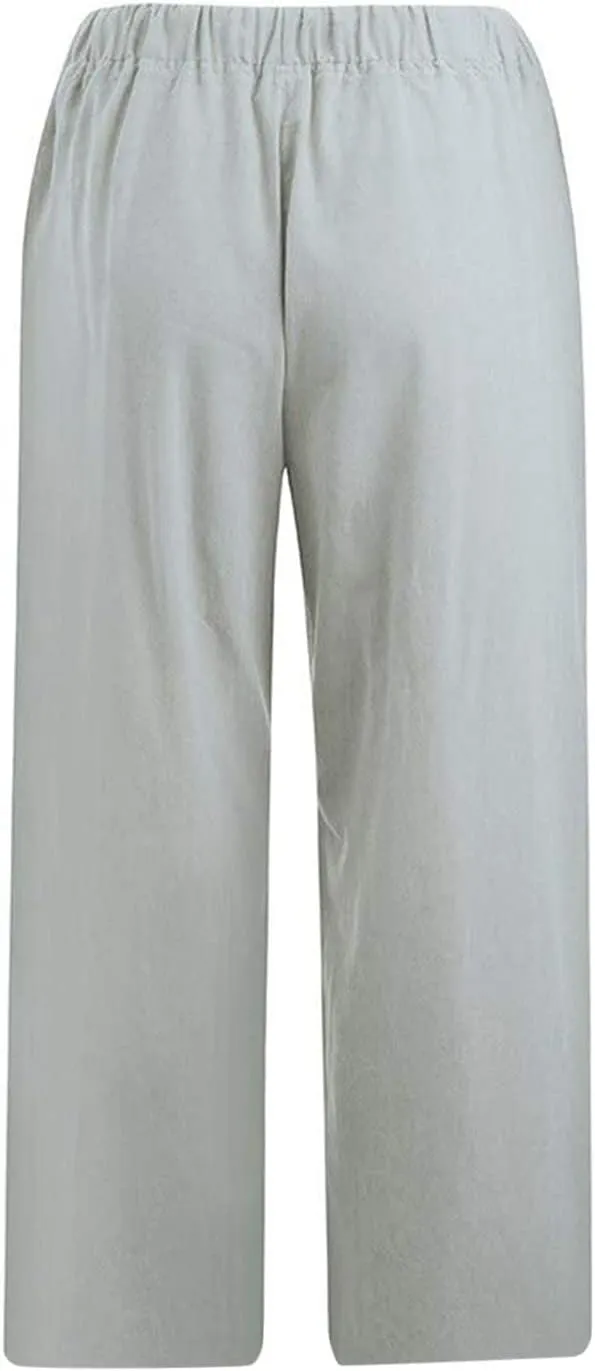 Women's Linen Capri Pants High Waisted Drawstring Wide Leg Trousers Summer Beach Casual Baggy Pants with Pockets