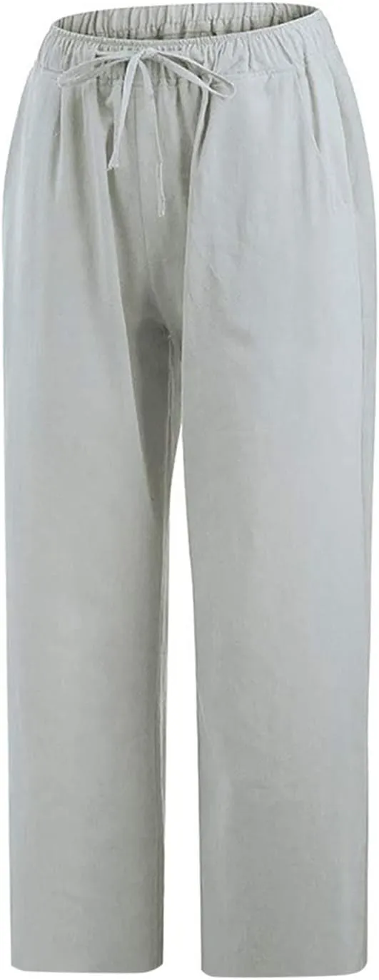 Women's Linen Capri Pants High Waisted Drawstring Wide Leg Trousers Summer Beach Casual Baggy Pants with Pockets