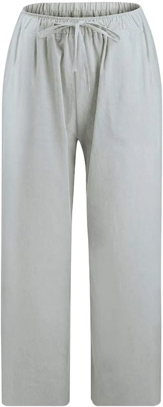 Women's Linen Capri Pants High Waisted Drawstring Wide Leg Trousers Summer Beach Casual Baggy Pants with Pockets