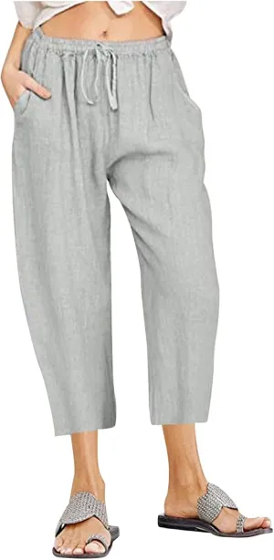 Women's Linen Capri Pants High Waisted Drawstring Wide Leg Trousers Summer Beach Casual Baggy Pants with Pockets