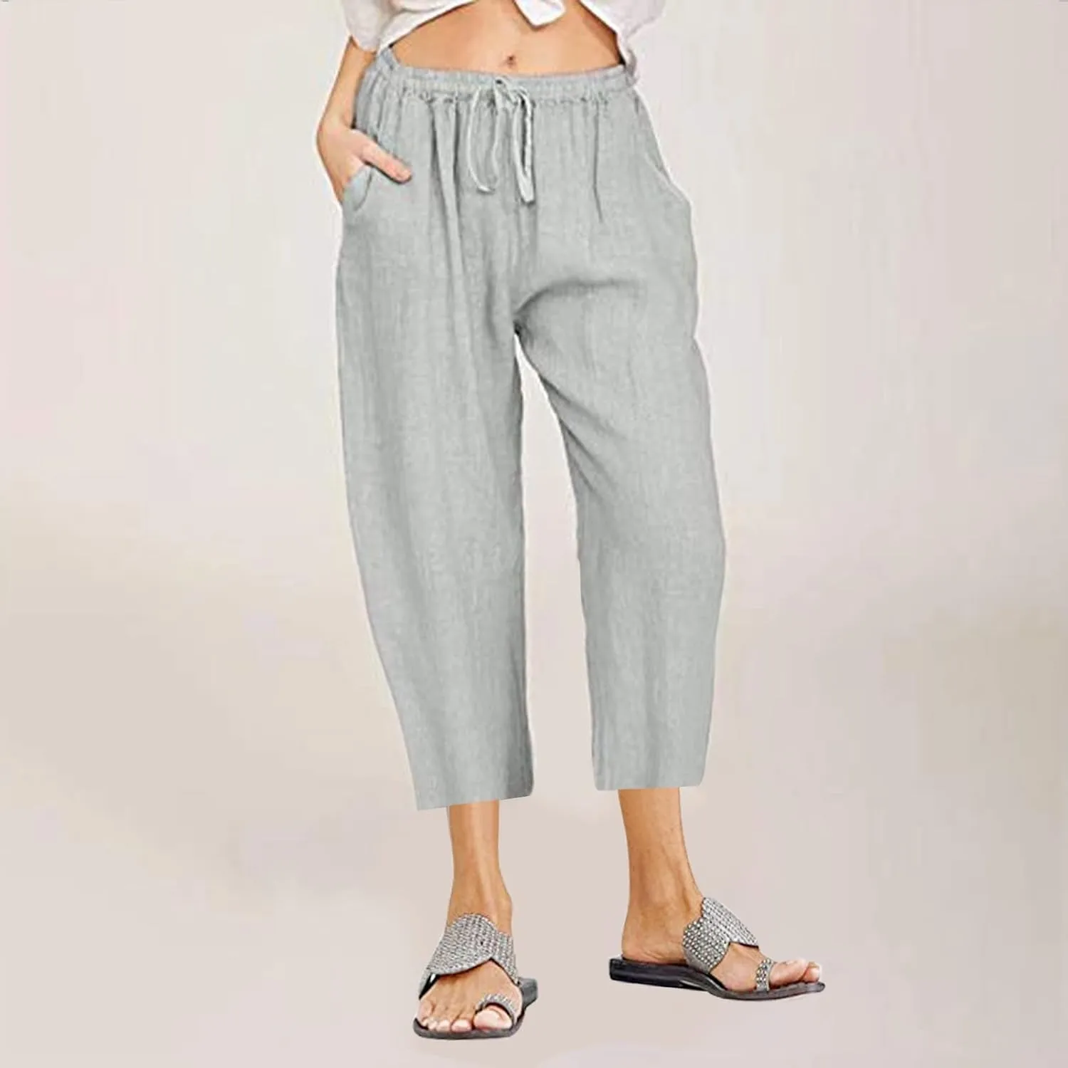Women's Linen Capri Pants High Waisted Drawstring Wide Leg Trousers Summer Beach Casual Baggy Pants with Pockets