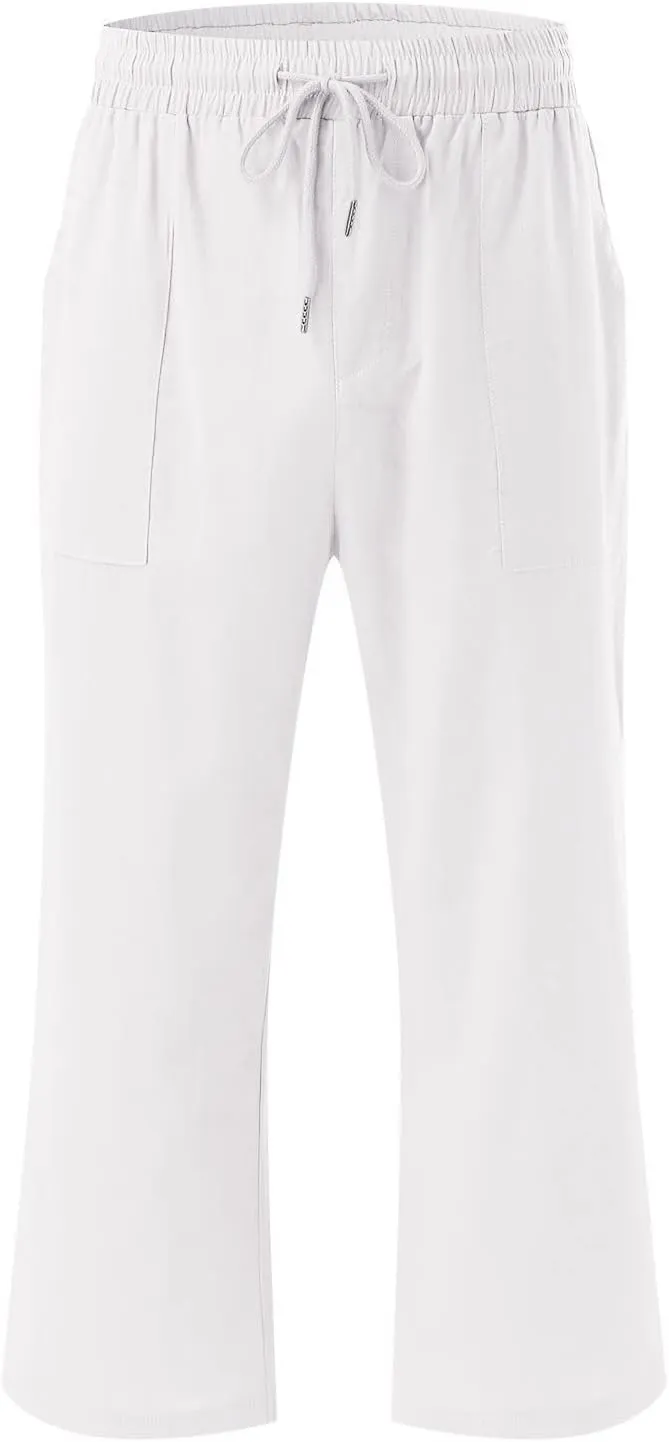 Women's Linen Capri Pants with Drawstring Drawstring Elastic Trousers Comfy Straight Leg Long Pants with Pockets