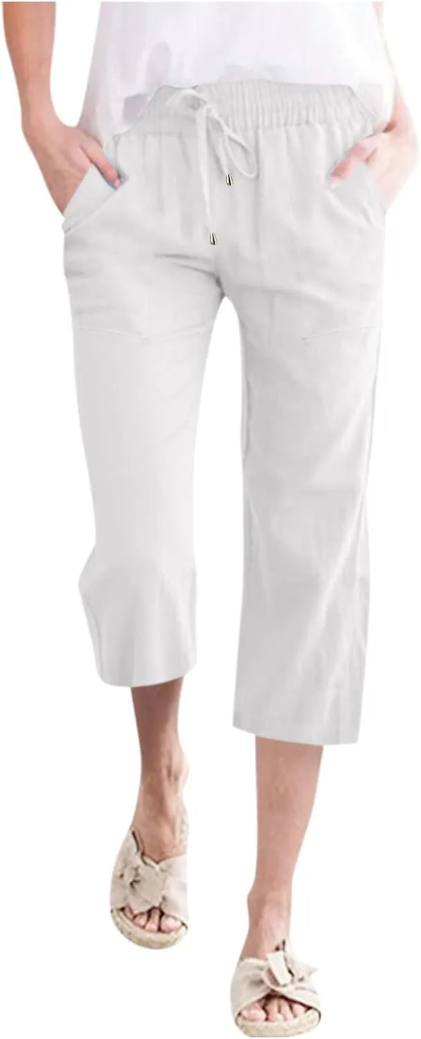 Women's Linen Capri Pants with Drawstring Drawstring Elastic Trousers Comfy Straight Leg Long Pants with Pockets