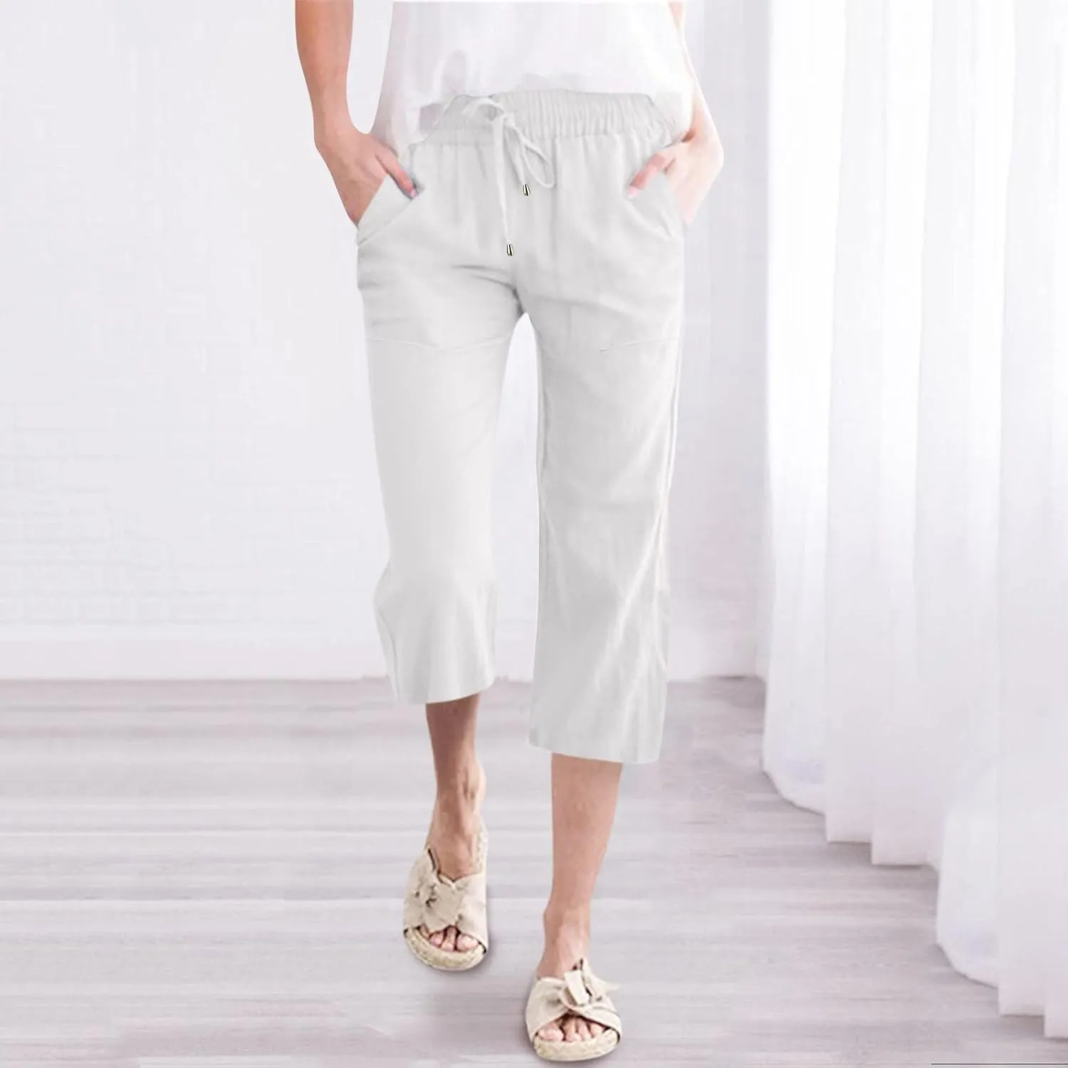 Women's Linen Capri Pants with Drawstring Drawstring Elastic Trousers Comfy Straight Leg Long Pants with Pockets