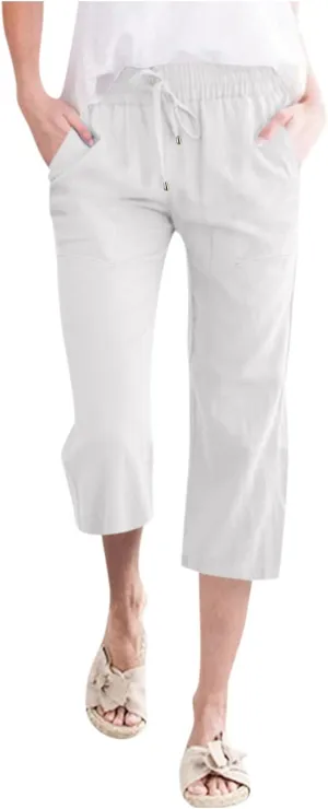 Women's Linen Capri Pants with Drawstring Drawstring Elastic Trousers Comfy Straight Leg Long Pants with Pockets