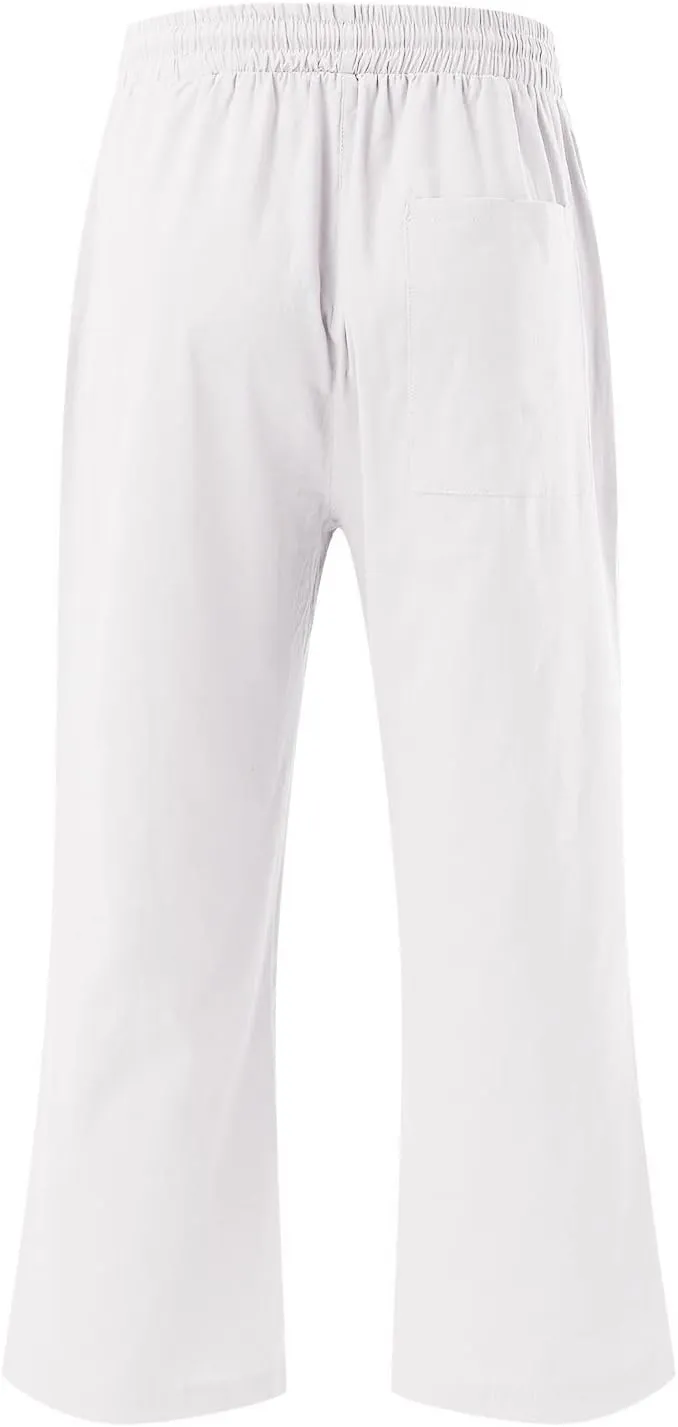 Women's Linen Capri Pants with Drawstring Drawstring Elastic Trousers Comfy Straight Leg Long Pants with Pockets