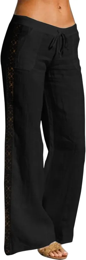 Women's Linen Pants Drawstring Elastic Waist Lightweight Pant Summer Loose Fit Beach Trousers with Pockets