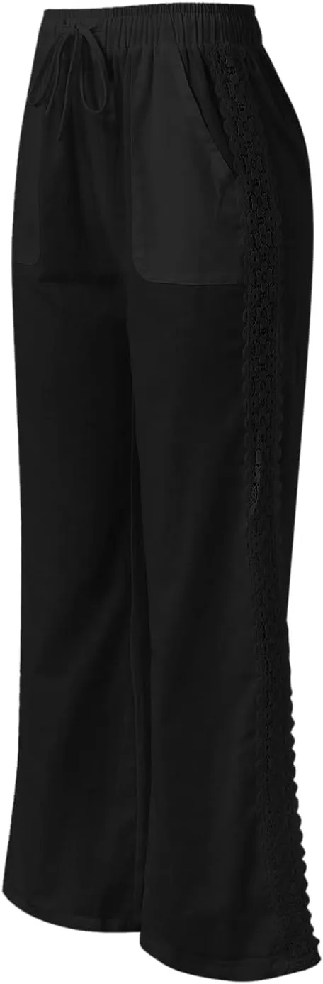 Women's Linen Pants Drawstring Elastic Waist Lightweight Pant Summer Loose Fit Beach Trousers with Pockets