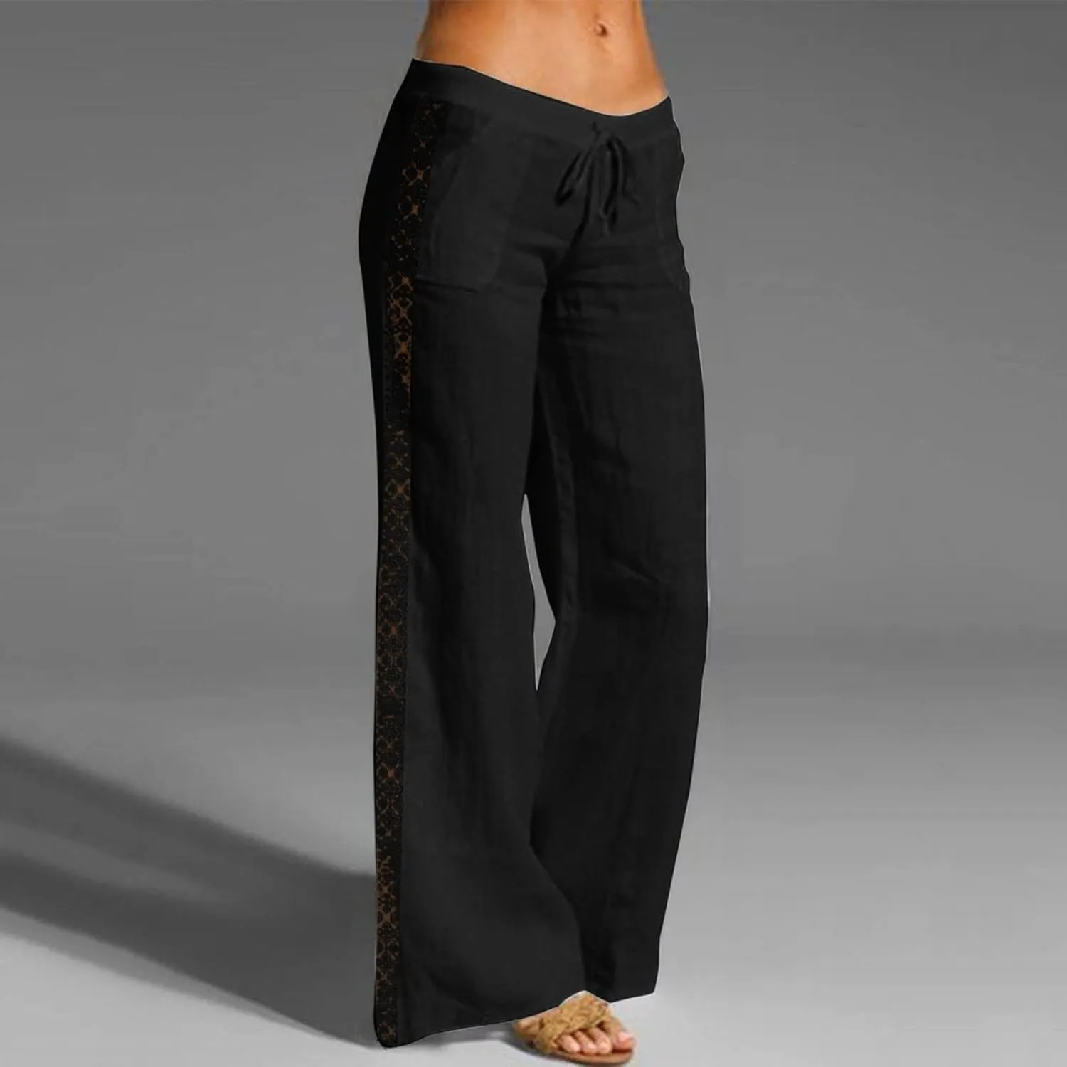 Women's Linen Pants Drawstring Elastic Waist Lightweight Pant Summer Loose Fit Beach Trousers with Pockets
