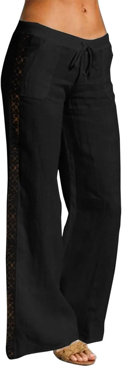 Women's Linen Pants Drawstring Elastic Waist Lightweight Pant Summer Loose Fit Beach Trousers with Pockets