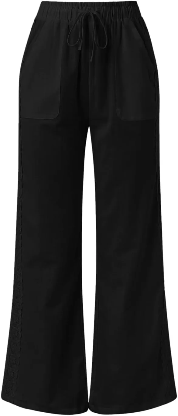 Women's Linen Pants Drawstring Elastic Waist Lightweight Pant Summer Loose Fit Beach Trousers with Pockets