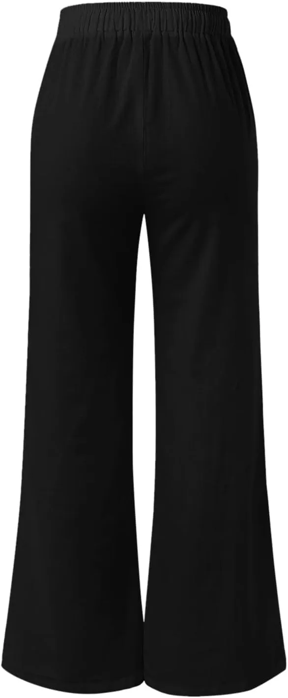 Women's Linen Pants Drawstring Elastic Waist Lightweight Pant Summer Loose Fit Beach Trousers with Pockets