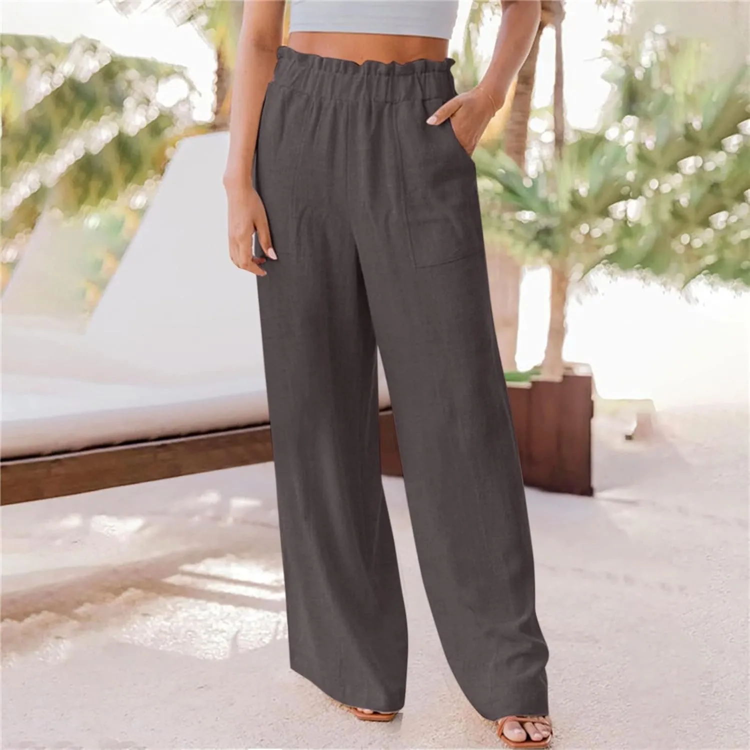 Womens Linen Pants Elastic High Waisted Wide Leg Palazzo Straight Leg Long Pants Summer Trousers with Pockets
