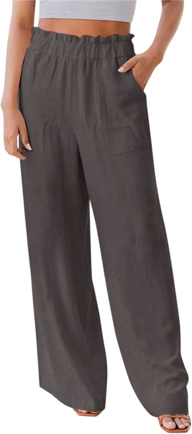 Womens Linen Pants Elastic High Waisted Wide Leg Palazzo Straight Leg Long Pants Summer Trousers with Pockets