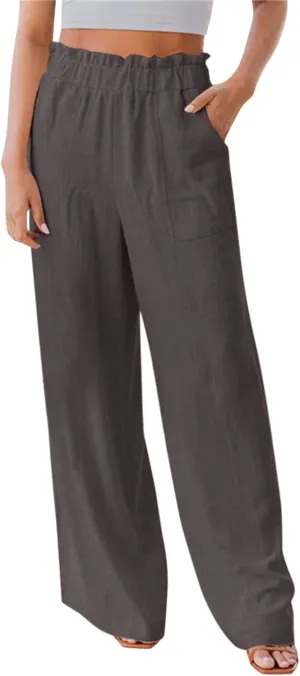 Womens Linen Pants Elastic High Waisted Wide Leg Palazzo Straight Leg Long Pants Summer Trousers with Pockets