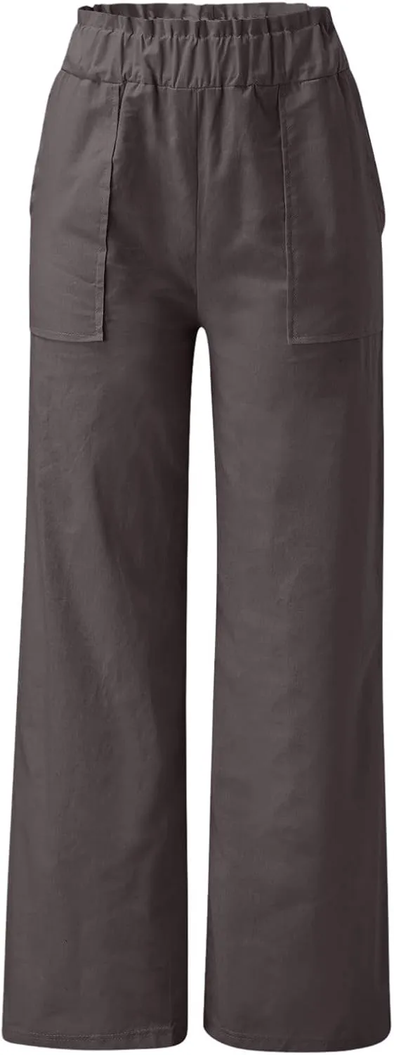 Womens Linen Pants Elastic High Waisted Wide Leg Palazzo Straight Leg Long Pants Summer Trousers with Pockets