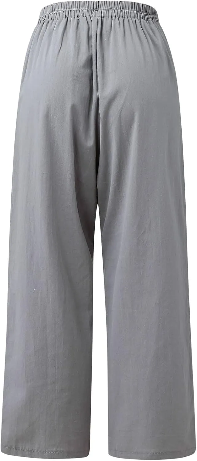 Women's Linen Pants High Waisted Drawstring Straight Leg Pants Summer Casual Long Wide Leg Trousers with Pockets