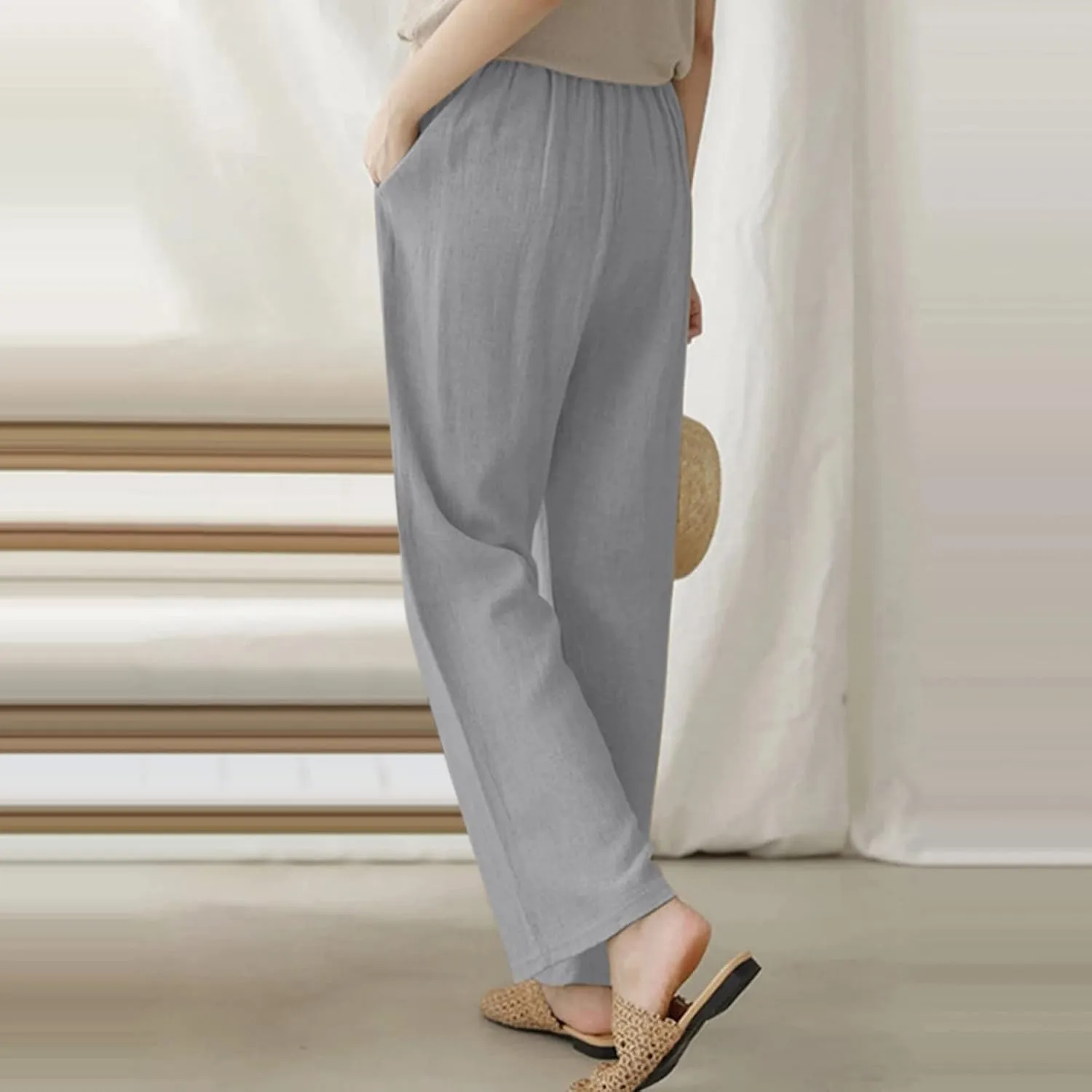 Women's Linen Pants High Waisted Drawstring Straight Leg Pants Summer Casual Long Wide Leg Trousers with Pockets