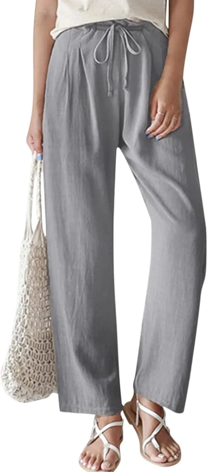 Women's Linen Pants High Waisted Drawstring Straight Leg Pants Summer Casual Long Wide Leg Trousers with Pockets