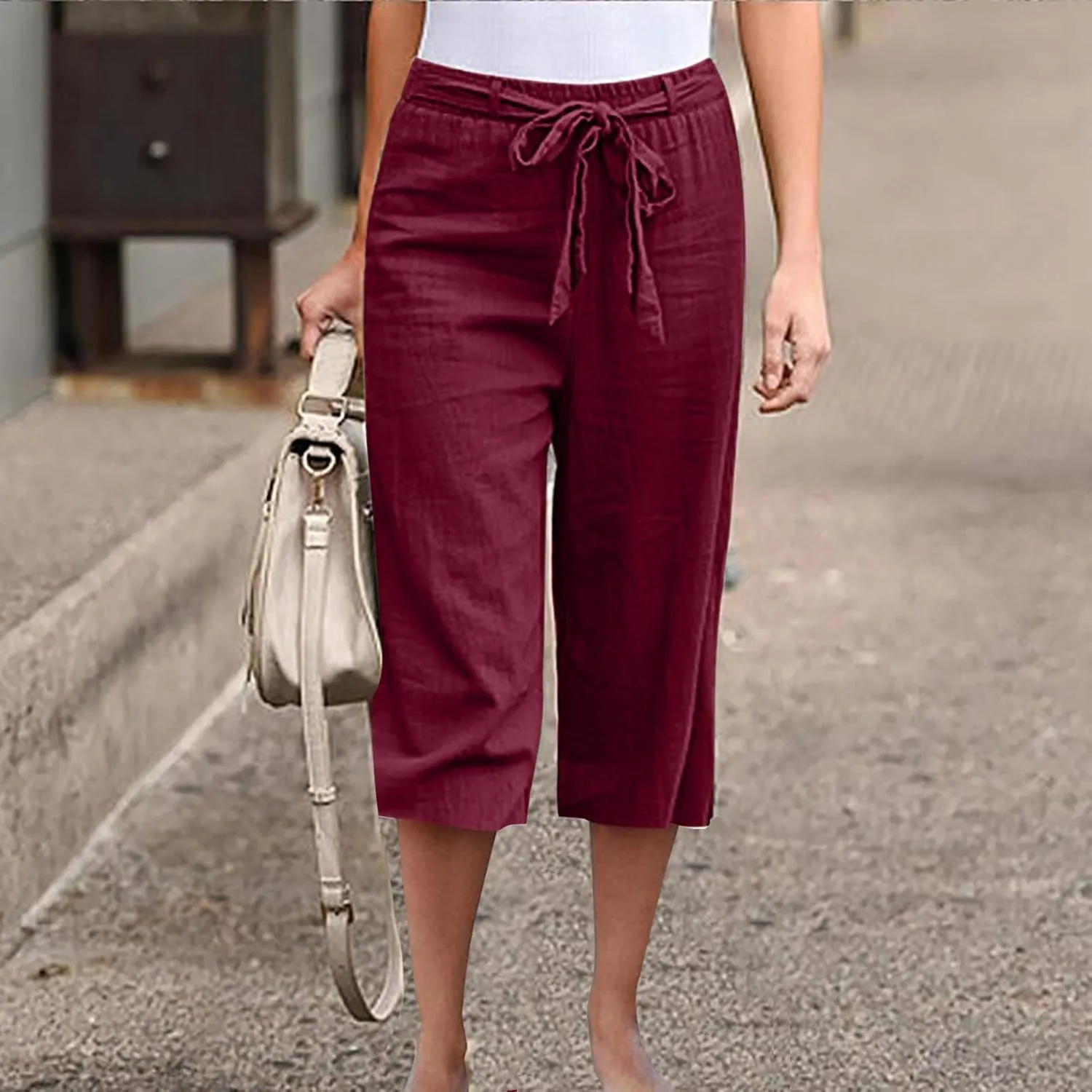 Womens Linen Pants High Waisted Drawstring Wide Leg Trousers Loose Fit Straight Leg Summer Casual Capri Pants