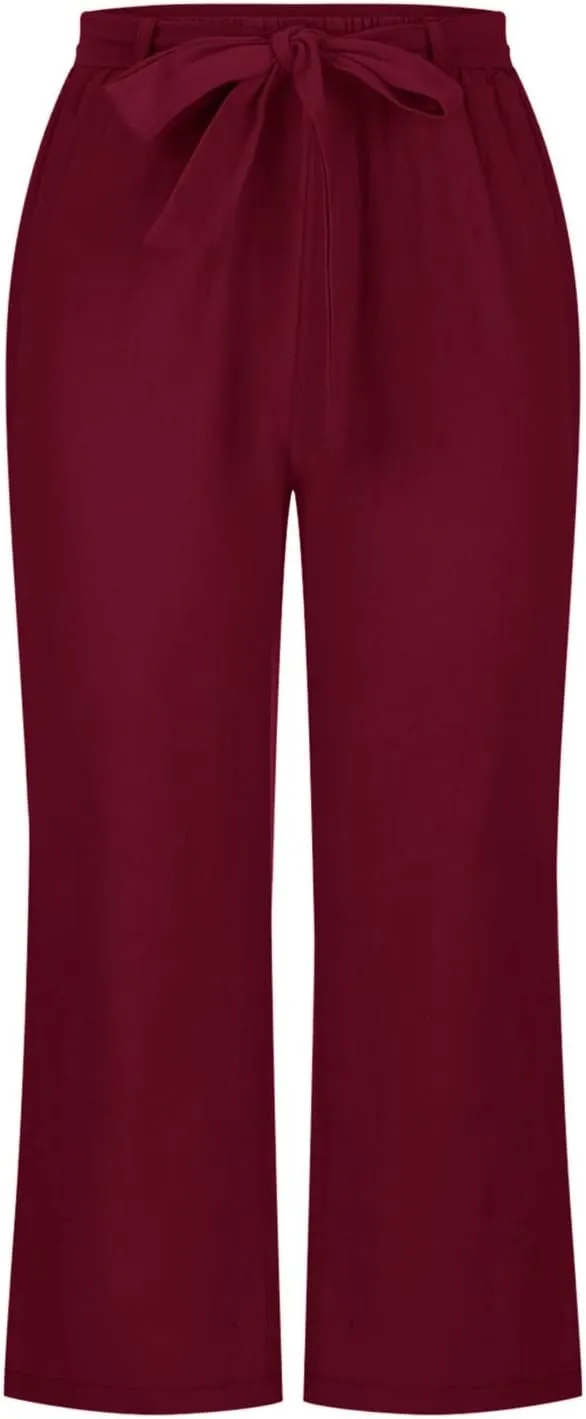 Womens Linen Pants High Waisted Drawstring Wide Leg Trousers Loose Fit Straight Leg Summer Casual Capri Pants