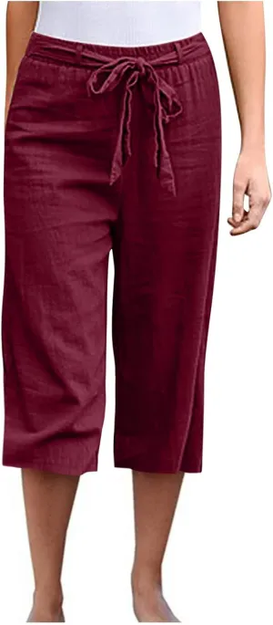 Womens Linen Pants High Waisted Drawstring Wide Leg Trousers Loose Fit Straight Leg Summer Casual Capri Pants