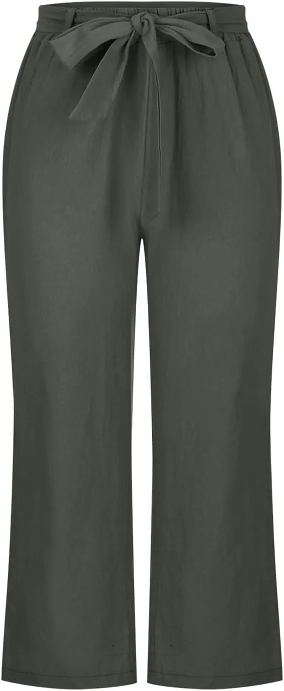 Womens Linen Pants High Waisted Drawstring Wide Leg Trousers Loose Fit Straight Leg Summer Casual Capri Pants