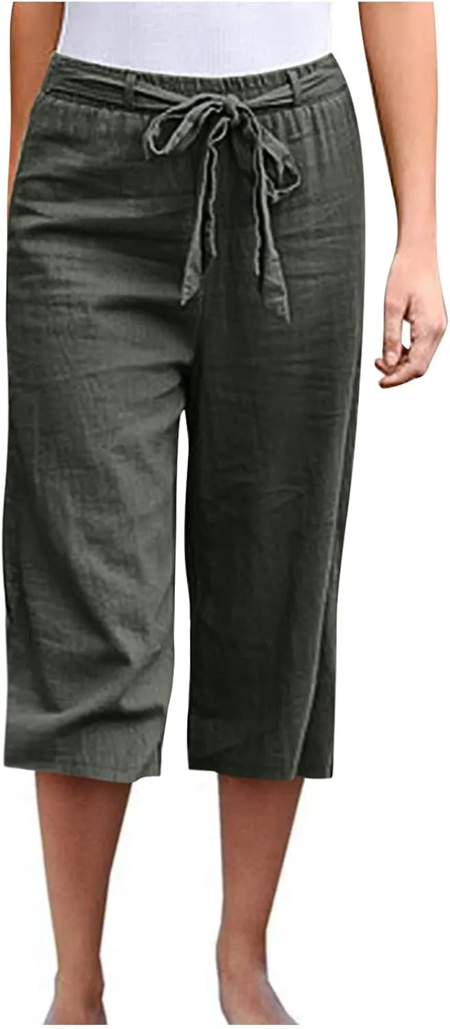 Womens Linen Pants High Waisted Drawstring Wide Leg Trousers Loose Fit Straight Leg Summer Casual Capri Pants