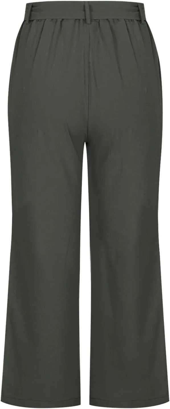 Womens Linen Pants High Waisted Drawstring Wide Leg Trousers Loose Fit Straight Leg Summer Casual Capri Pants