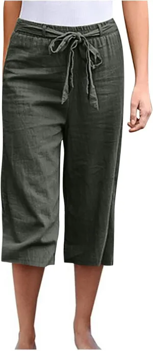 Womens Linen Pants High Waisted Drawstring Wide Leg Trousers Loose Fit Straight Leg Summer Casual Capri Pants