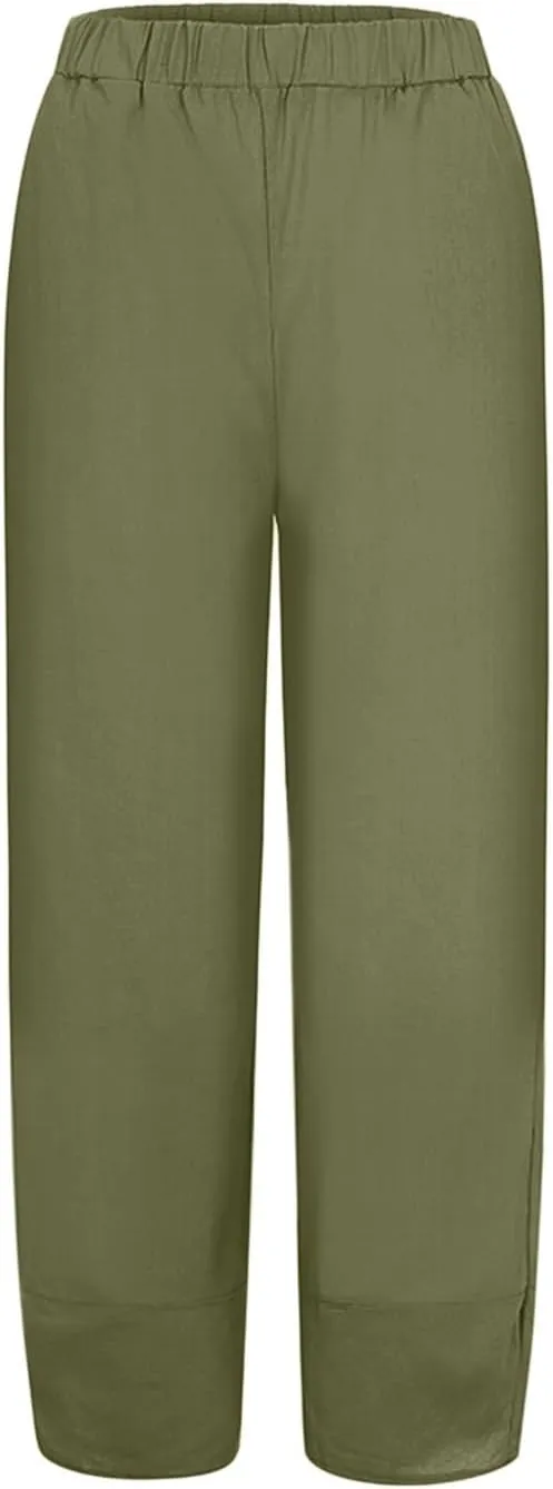 Womens Linen Pants High Waisted Wide Leg Pants Summer Loose Fit Tapered Trousers Casual Capris Pant