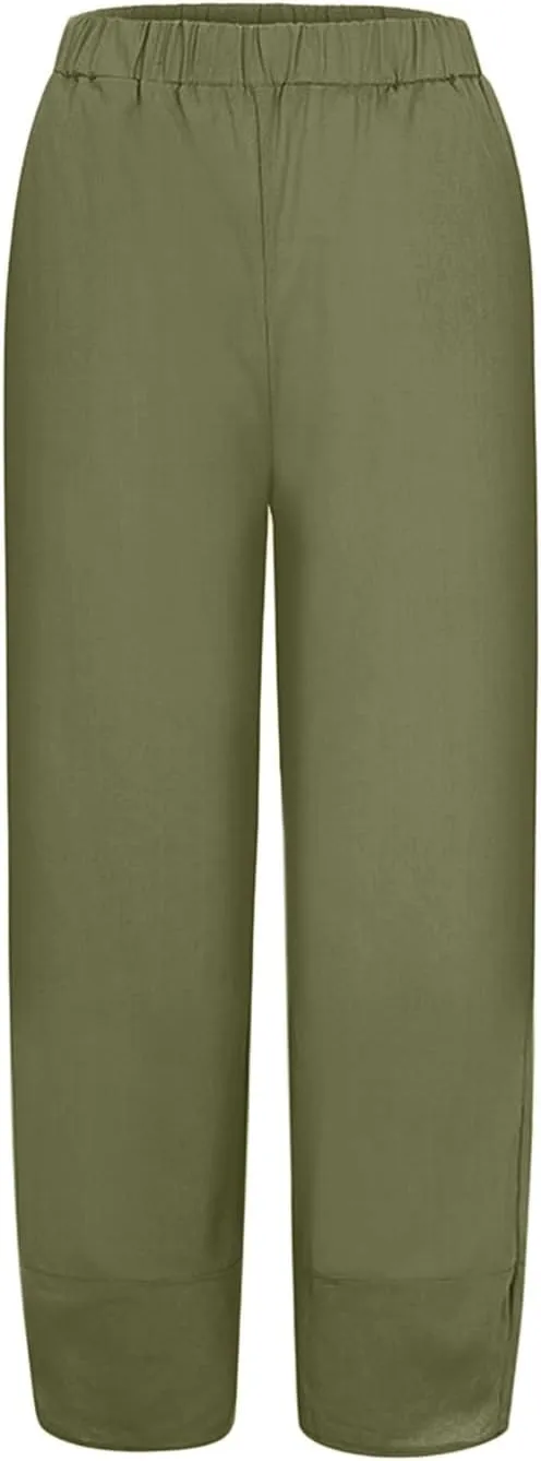 Womens Linen Pants High Waisted Wide Leg Pants Summer Loose Fit Tapered Trousers Casual Capris Pant