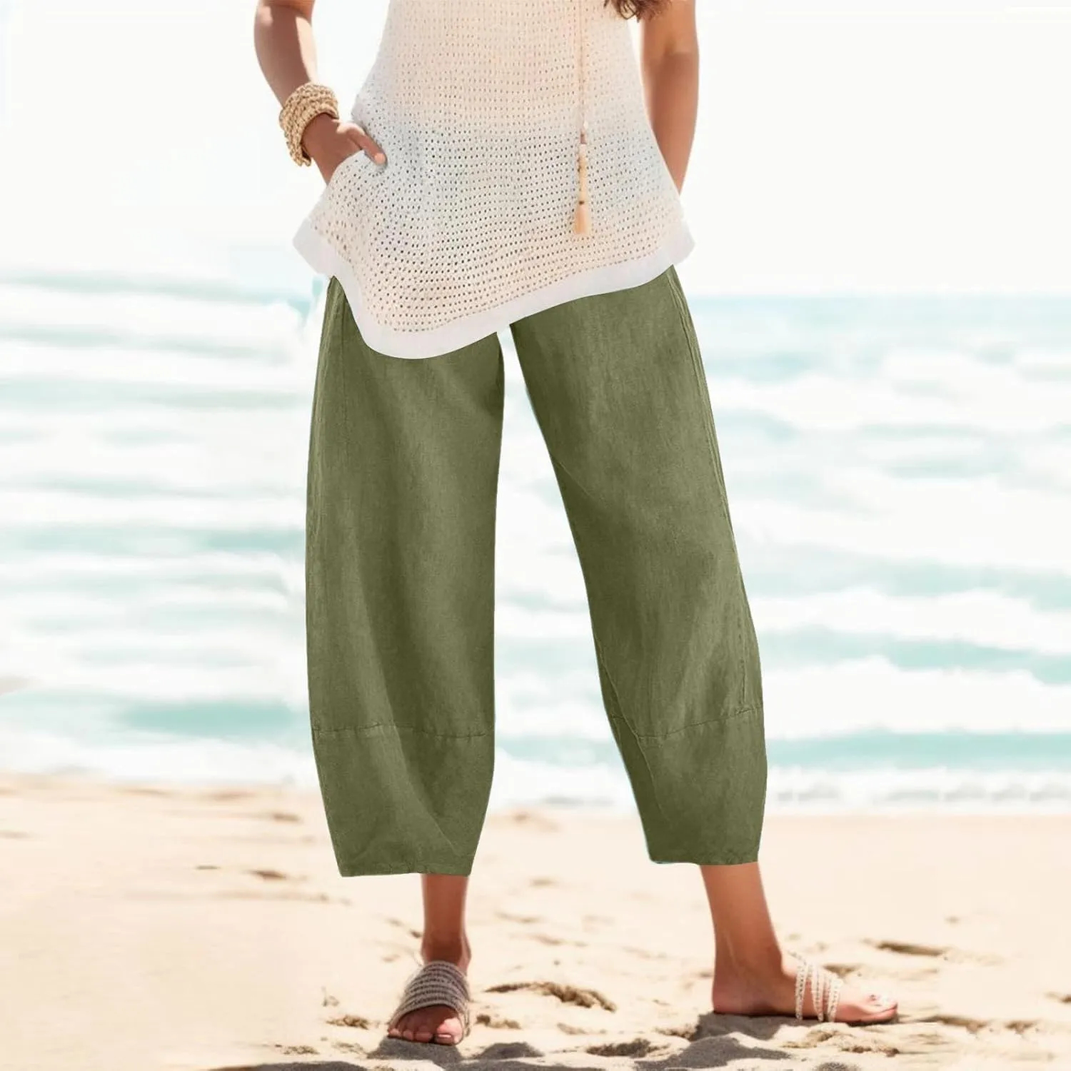 Womens Linen Pants High Waisted Wide Leg Pants Summer Loose Fit Tapered Trousers Casual Capris Pant