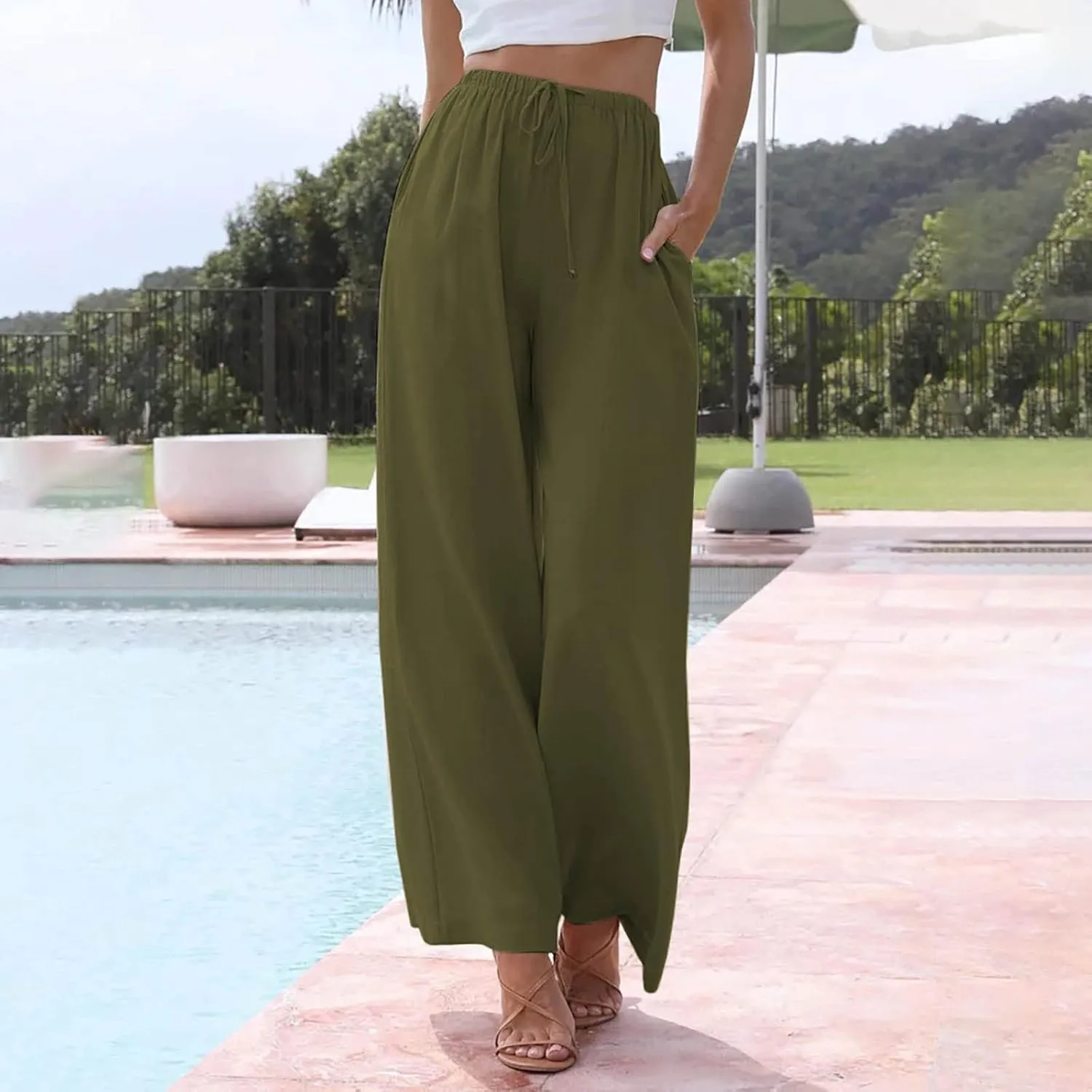 Womens Linen Summer Palazzo Pants Flowy Wide Leg Beach Pants Casual Lounge Pants Travel Vacation Outfits with Pockets