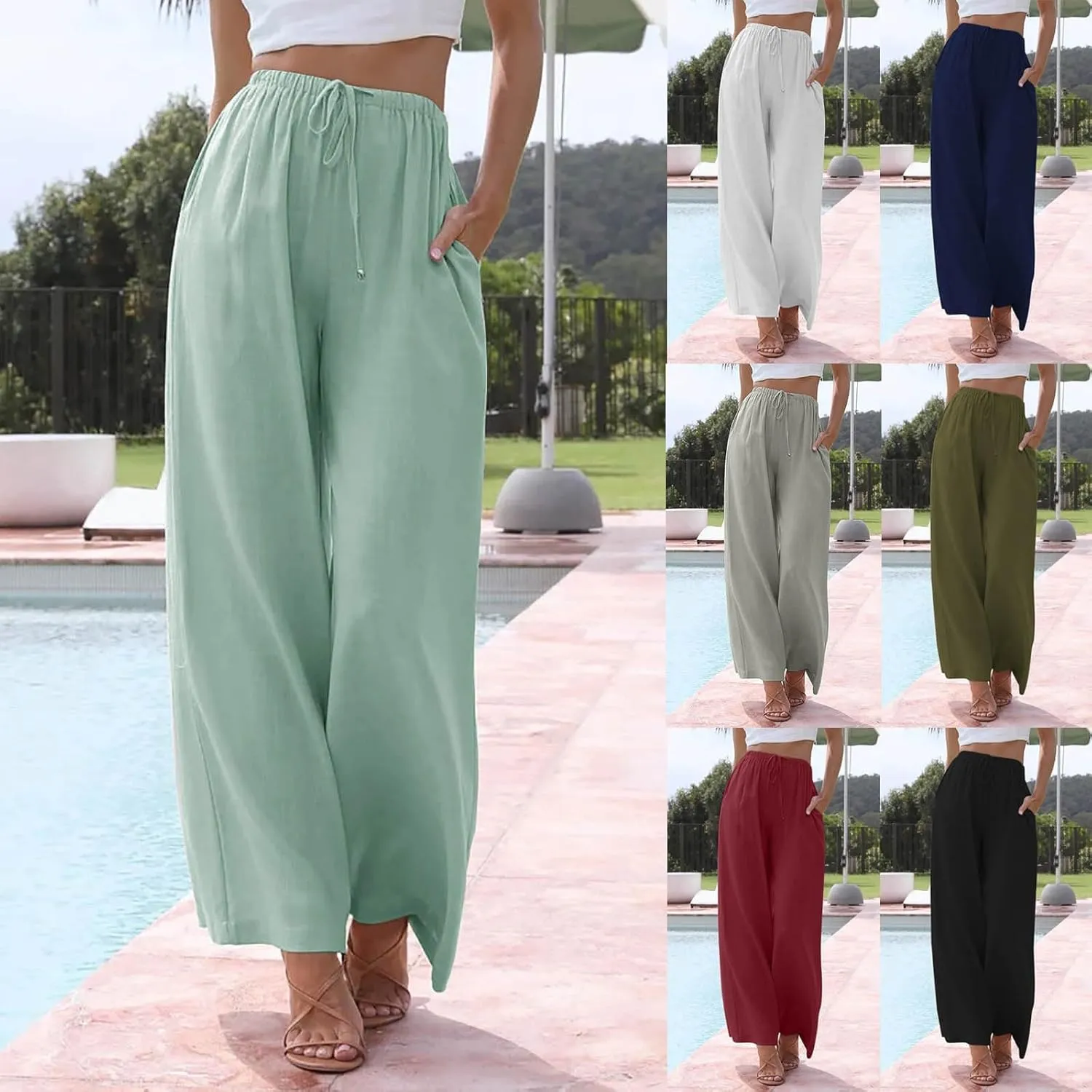 Womens Linen Summer Palazzo Pants Flowy Wide Leg Beach Pants Casual Lounge Pants Travel Vacation Outfits with Pockets