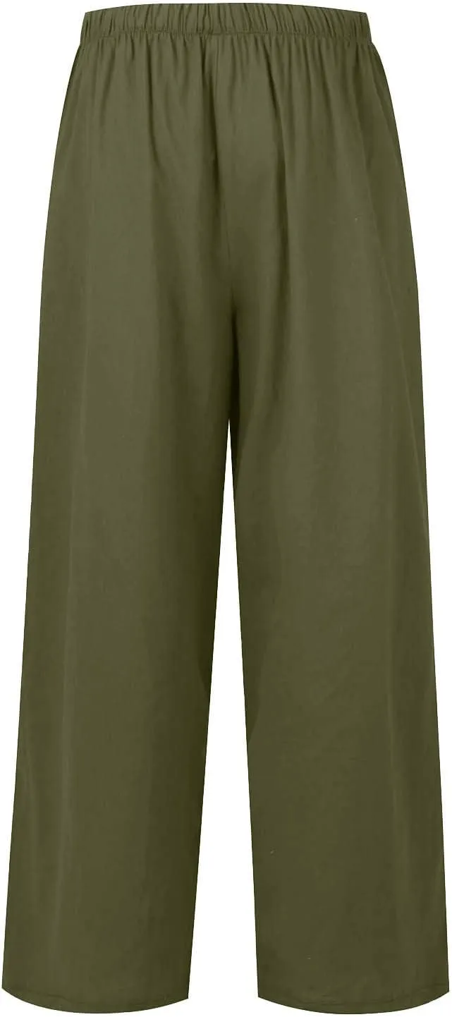 Womens Linen Summer Palazzo Pants Flowy Wide Leg Beach Pants Casual Lounge Pants Travel Vacation Outfits with Pockets