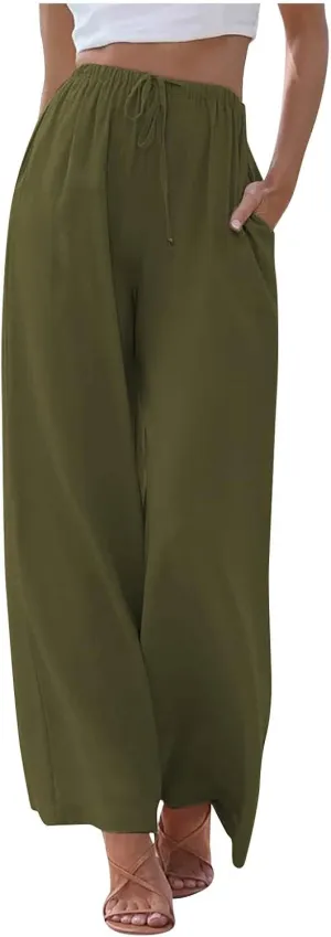 Womens Linen Summer Palazzo Pants Flowy Wide Leg Beach Pants Casual Lounge Pants Travel Vacation Outfits with Pockets