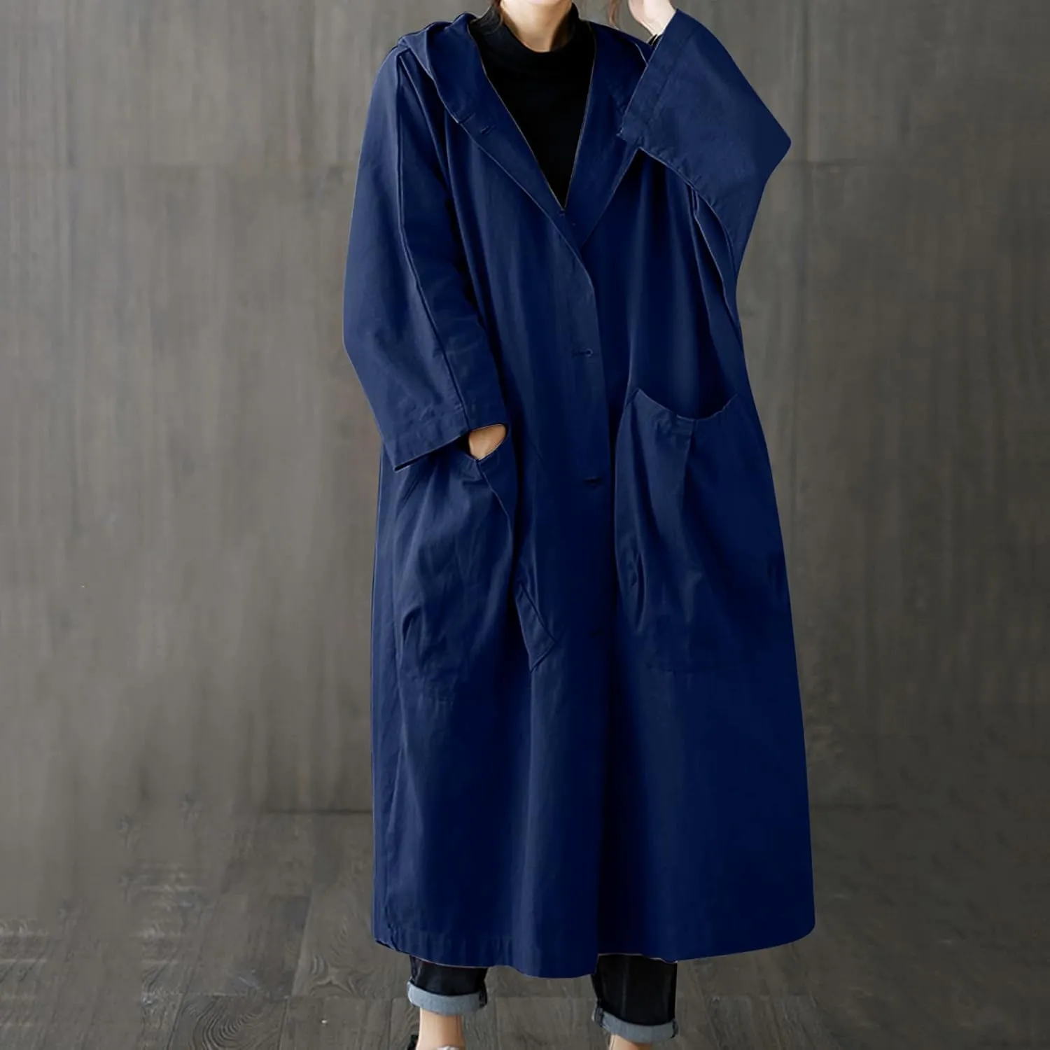 Womens Long Breasted Trench Coat Midi Length Overcoat Faux Leather Suit Jacket for Women