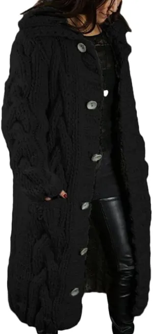 Womens Long Cardigan Open Front Duster Sweater Long Sleeve Chunky Cable Knit Plus Size Hooded Coatigan for Women